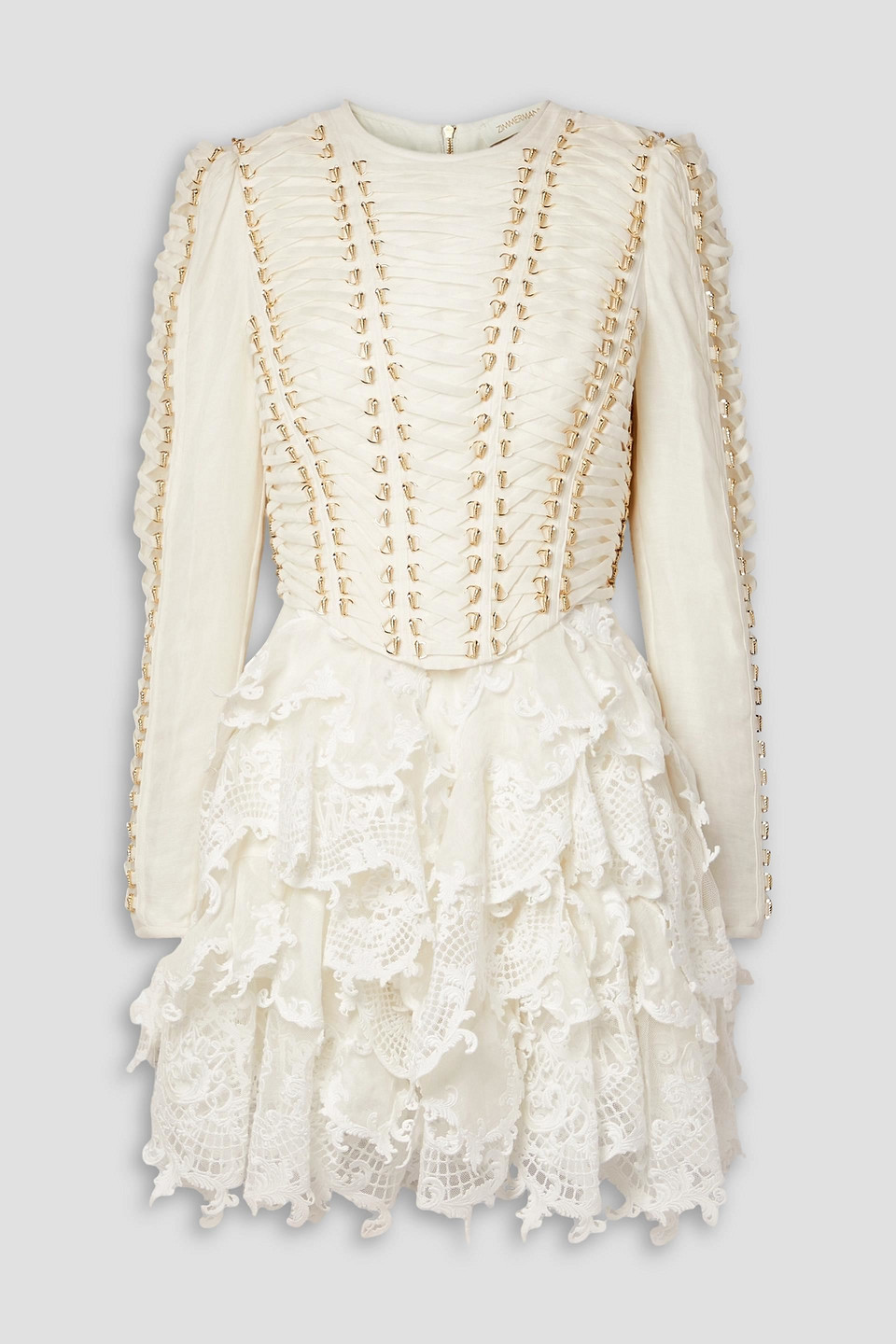 Shop Zimmermann Ruffled Lace-paneled Embellished Linen And Silk-blend Mini Dress In Ivory