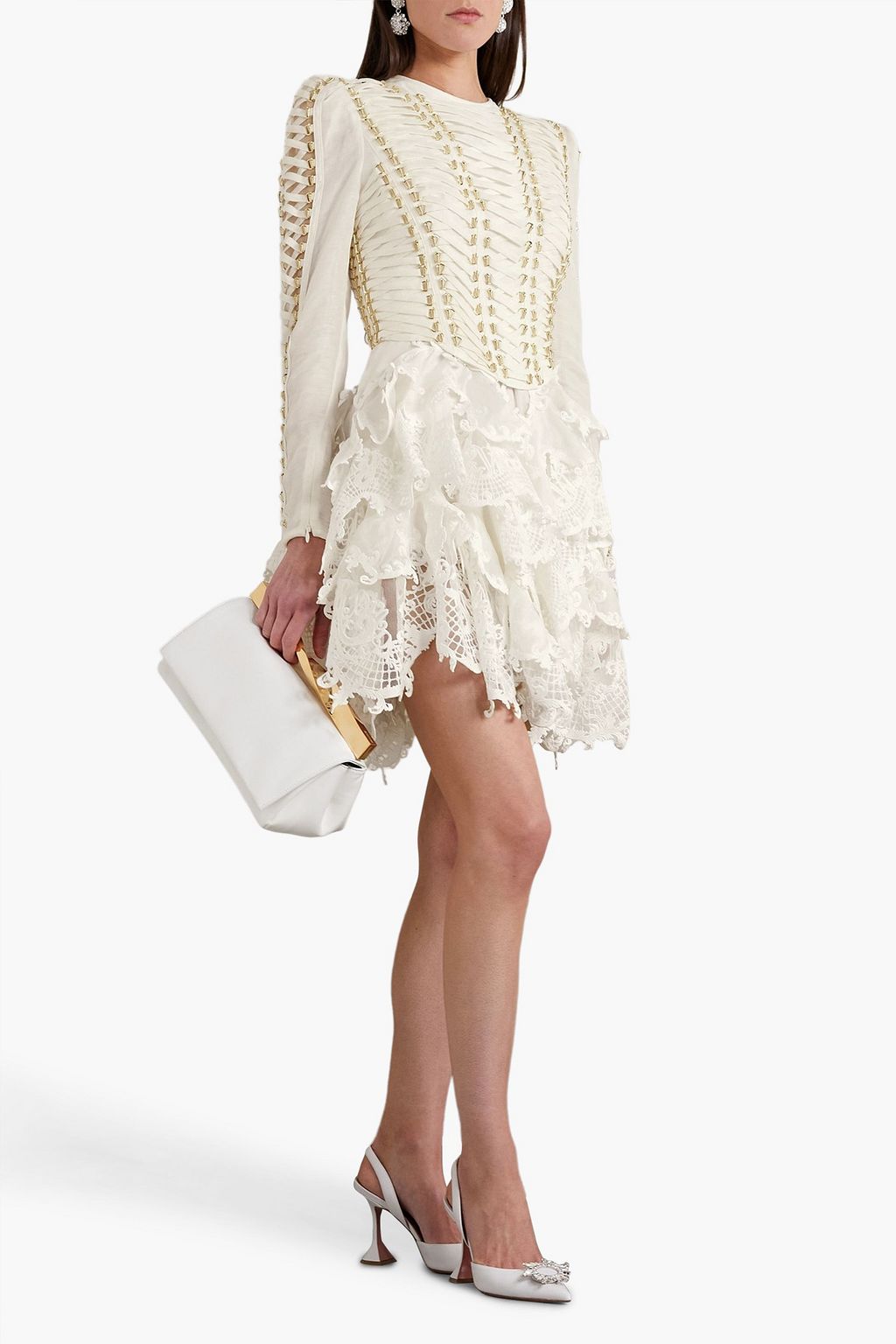 ZIMMERMANN Ruffled lace-paneled embellished linen and silk-blend mini dress