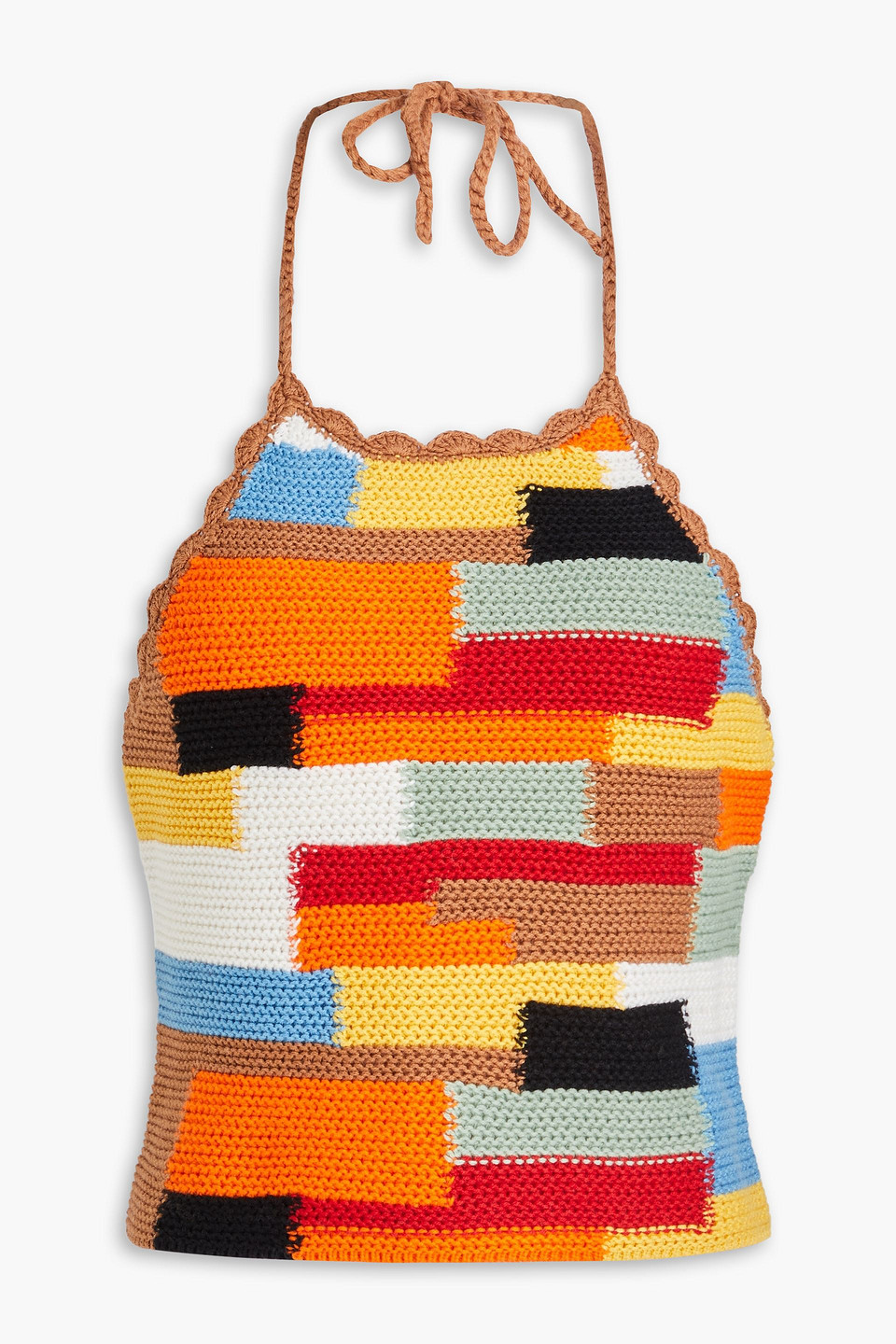 Shop Alice And Olivia Yessinia Crochet Knit Cotton And Wool-blend Halterneck Top In Multicolor