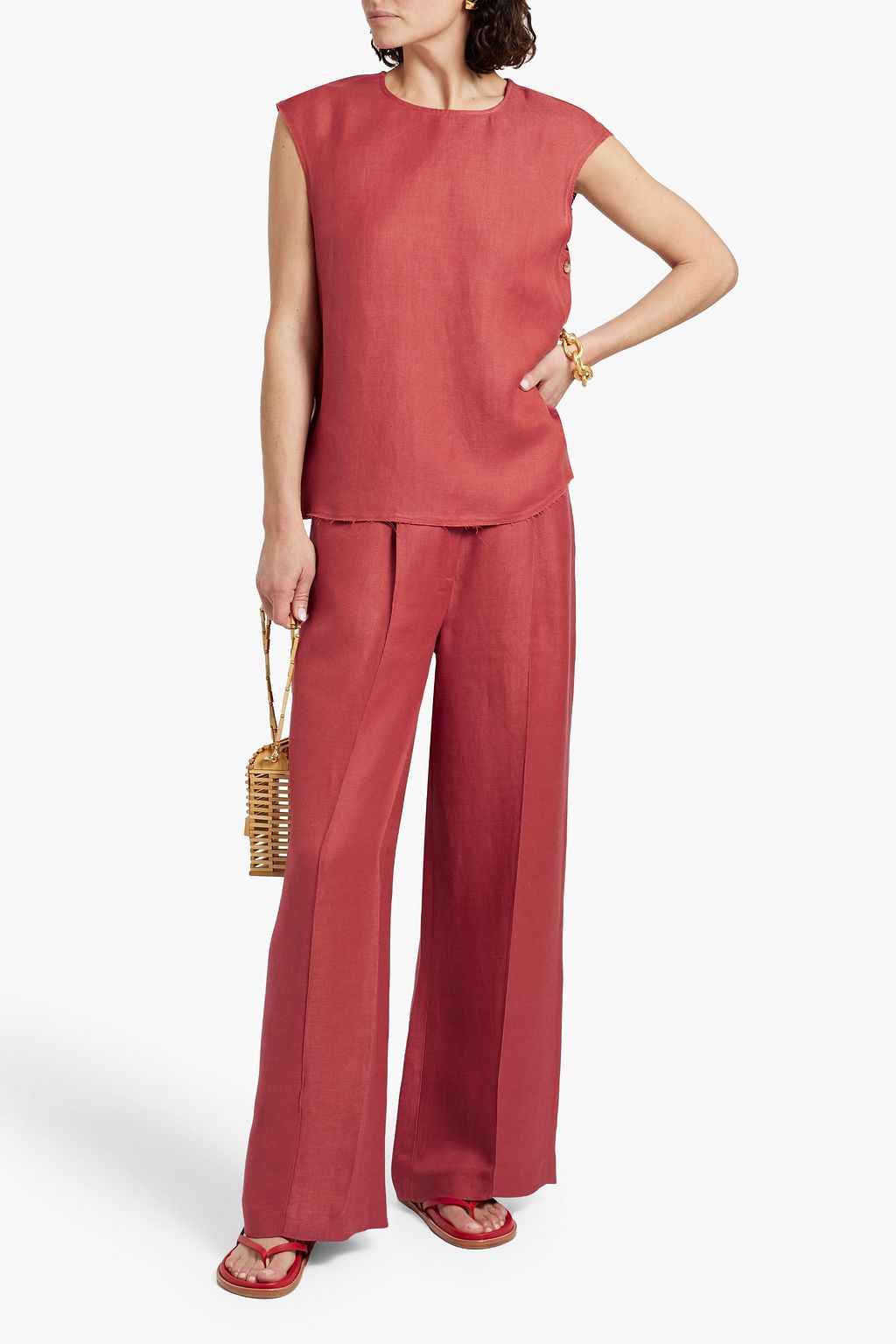 LOULOU STUDIO Frayed button-embellished linen-blend twill top
