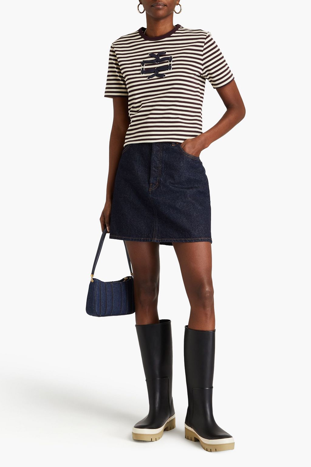 TORY BURCH 장식 디테일 스트라이프 코튼 저지 티셔츠