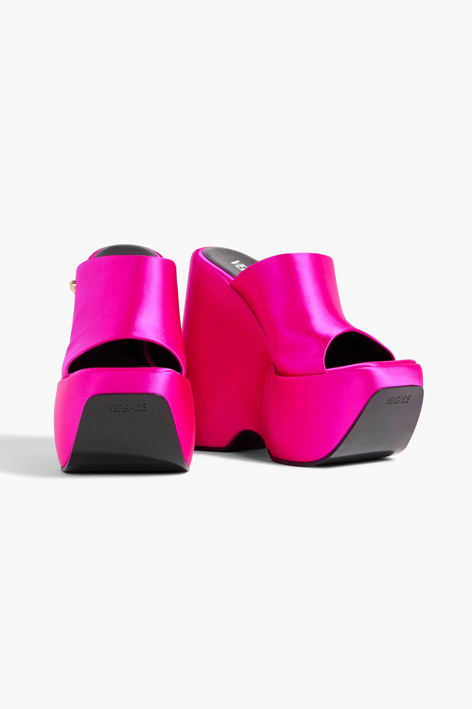 Shop Versace Satin Wedge Platform Mules In Bright Pink