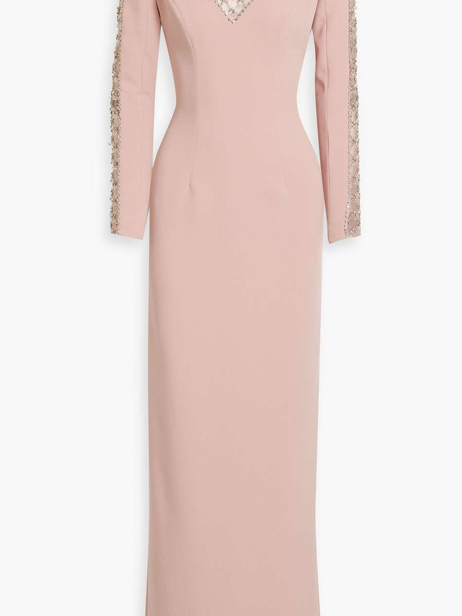 embellished tulle-paneled crepe gown