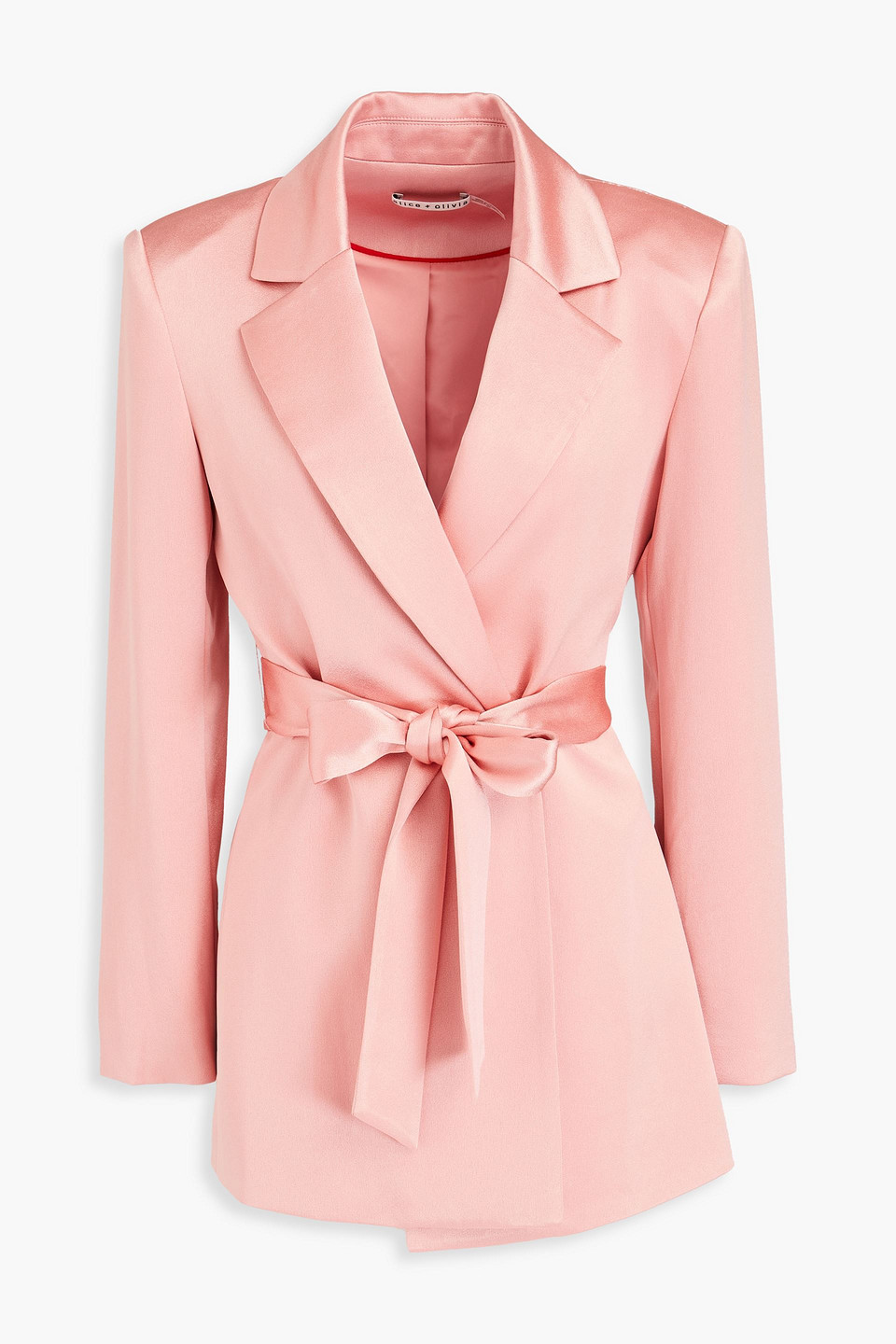 Alice And Olivia Karley Tie Belt Wrap Satin Blazer In Baby Pink
