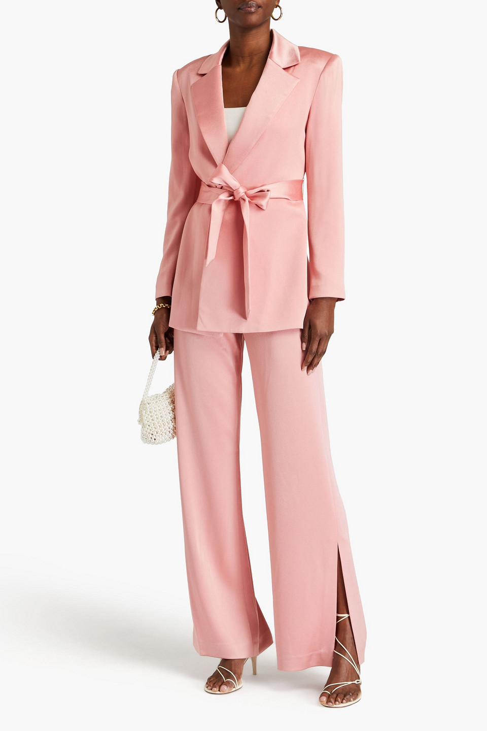Alice And Olivia Karley Tie Belt Wrap Satin Blazer In Baby Pink
