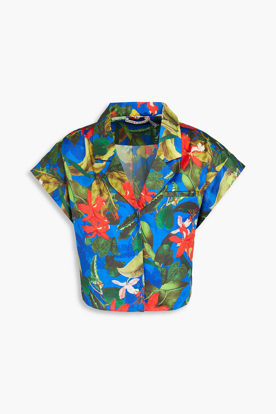 ALICE AND OLIVIA MILANO CROPPED FLORAL-PRINT SATIN SHIRT