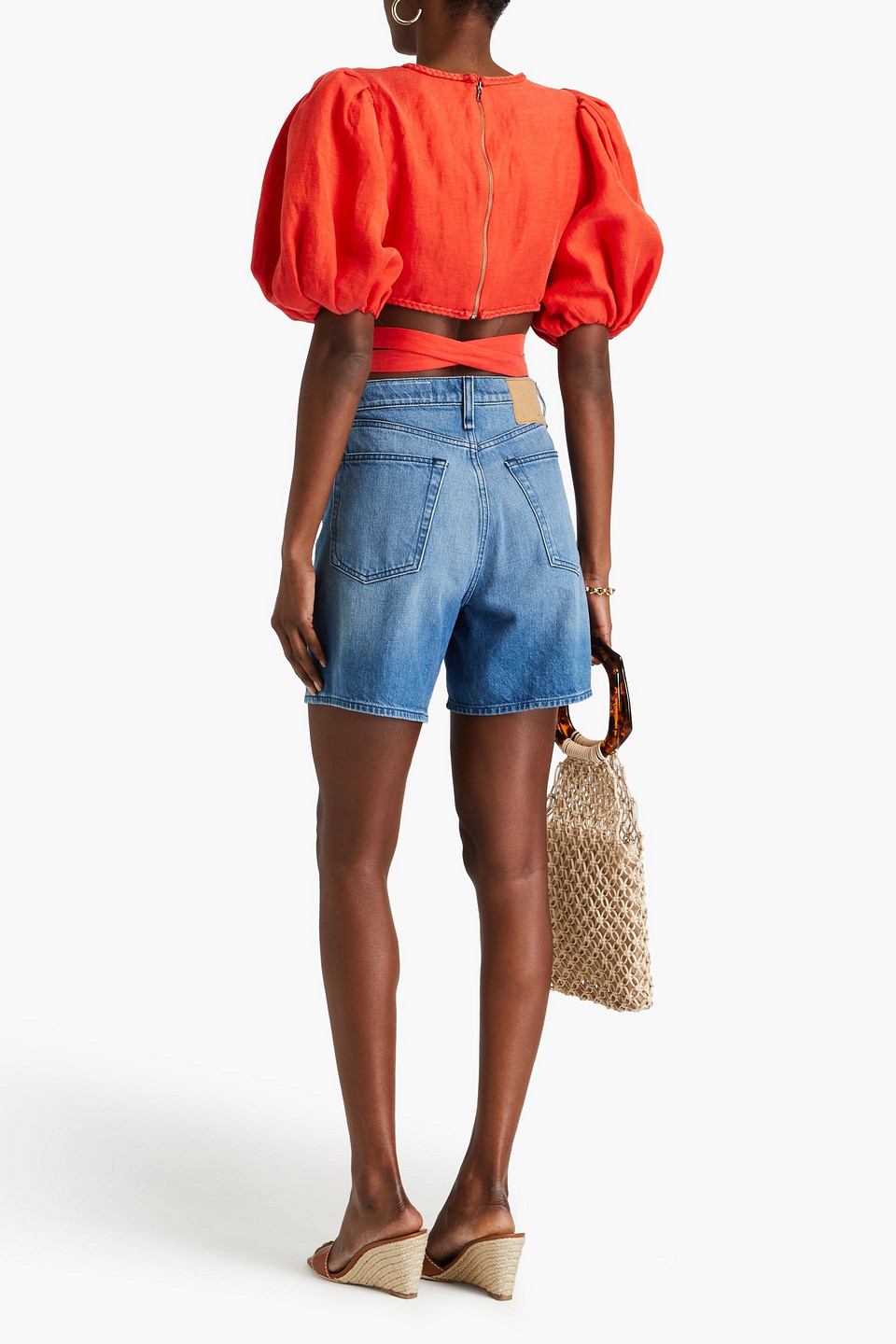 Shop Alice And Olivia Cropped Tie-detailed Linen And Cupro-blend Top In Tomato Red