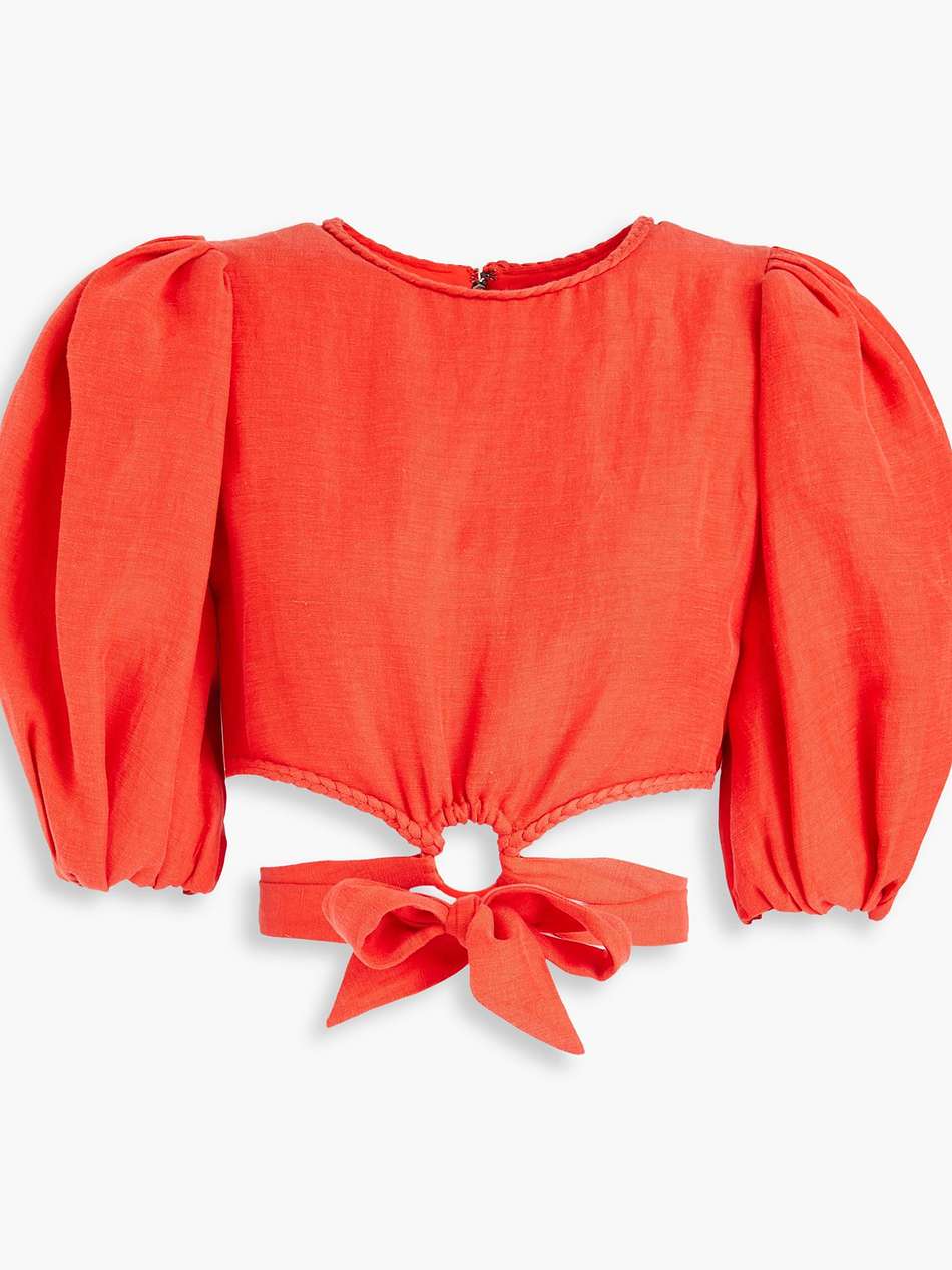 cropped tie-detailed linen and cupro-blend top
