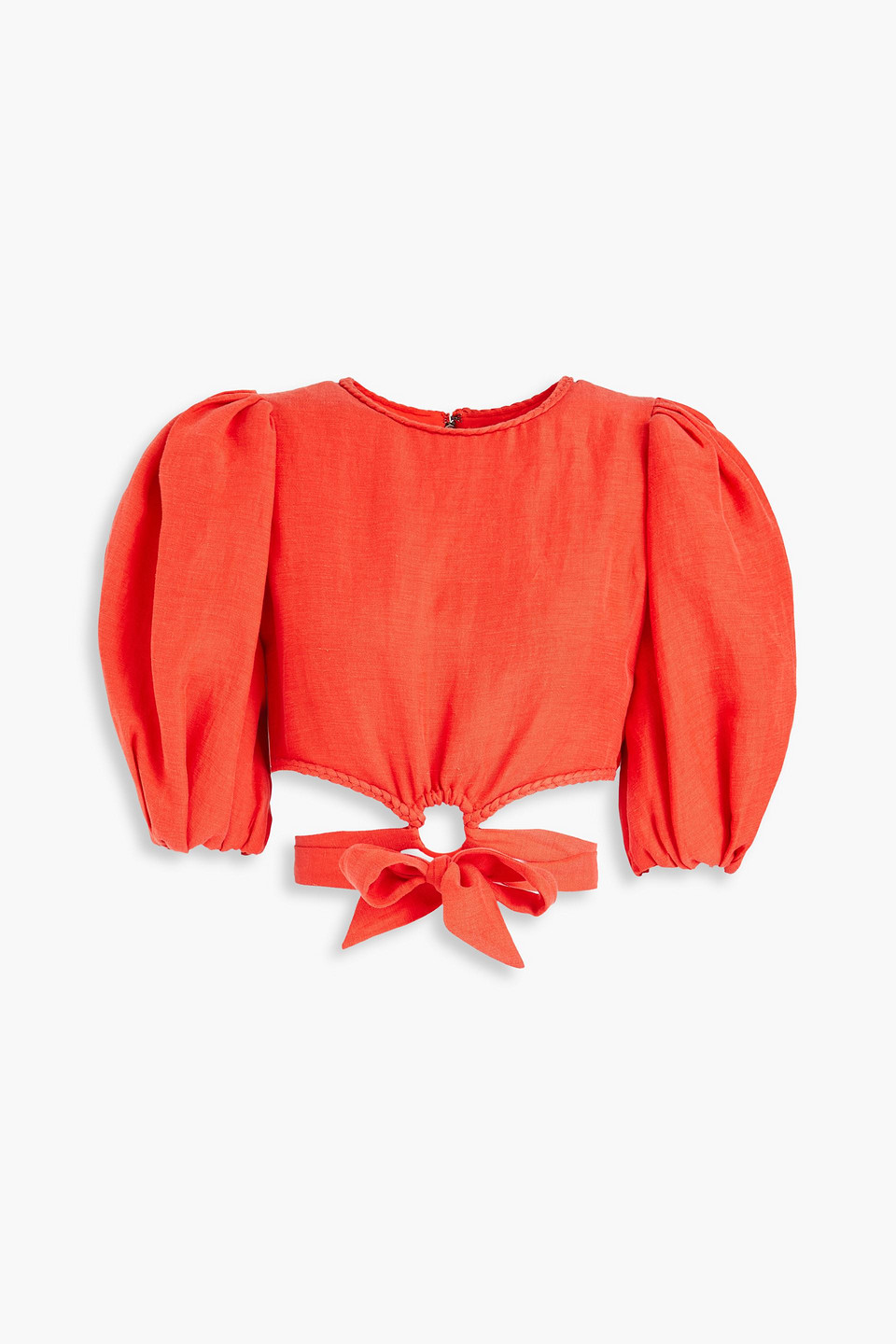 Alice And Olivia Cropped Ring-embellished Linen And Curpo-blend Top In Tomato Red