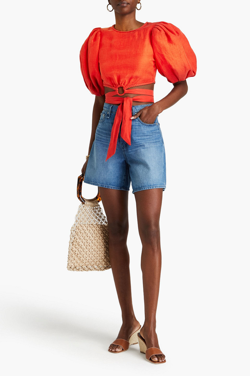 Shop Alice And Olivia Cropped Tie-detailed Linen And Cupro-blend Top In Tomato Red