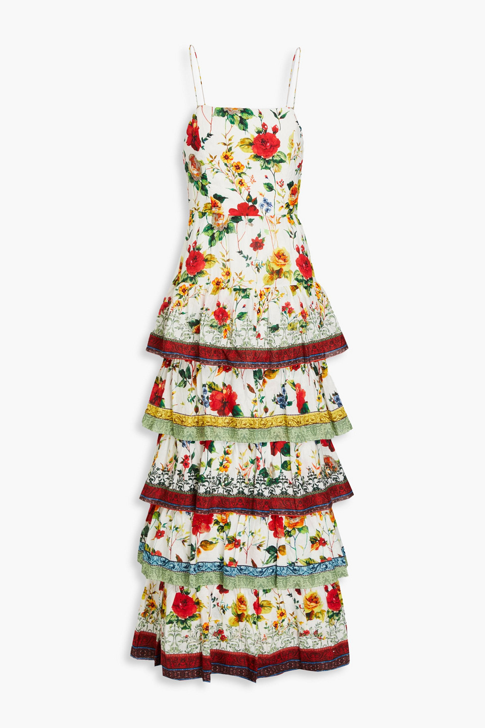 Shop Alice And Olivia Valencia Tiered Floral-print Cotton Maxi Dress In White