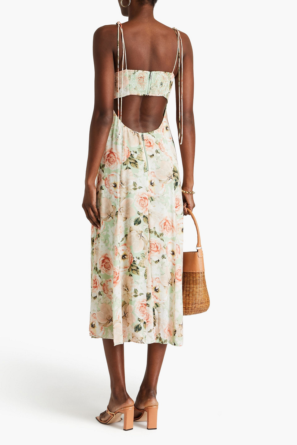 Shop Alice And Olivia Cutout Floral-print Satin Midi Dress In Light Green