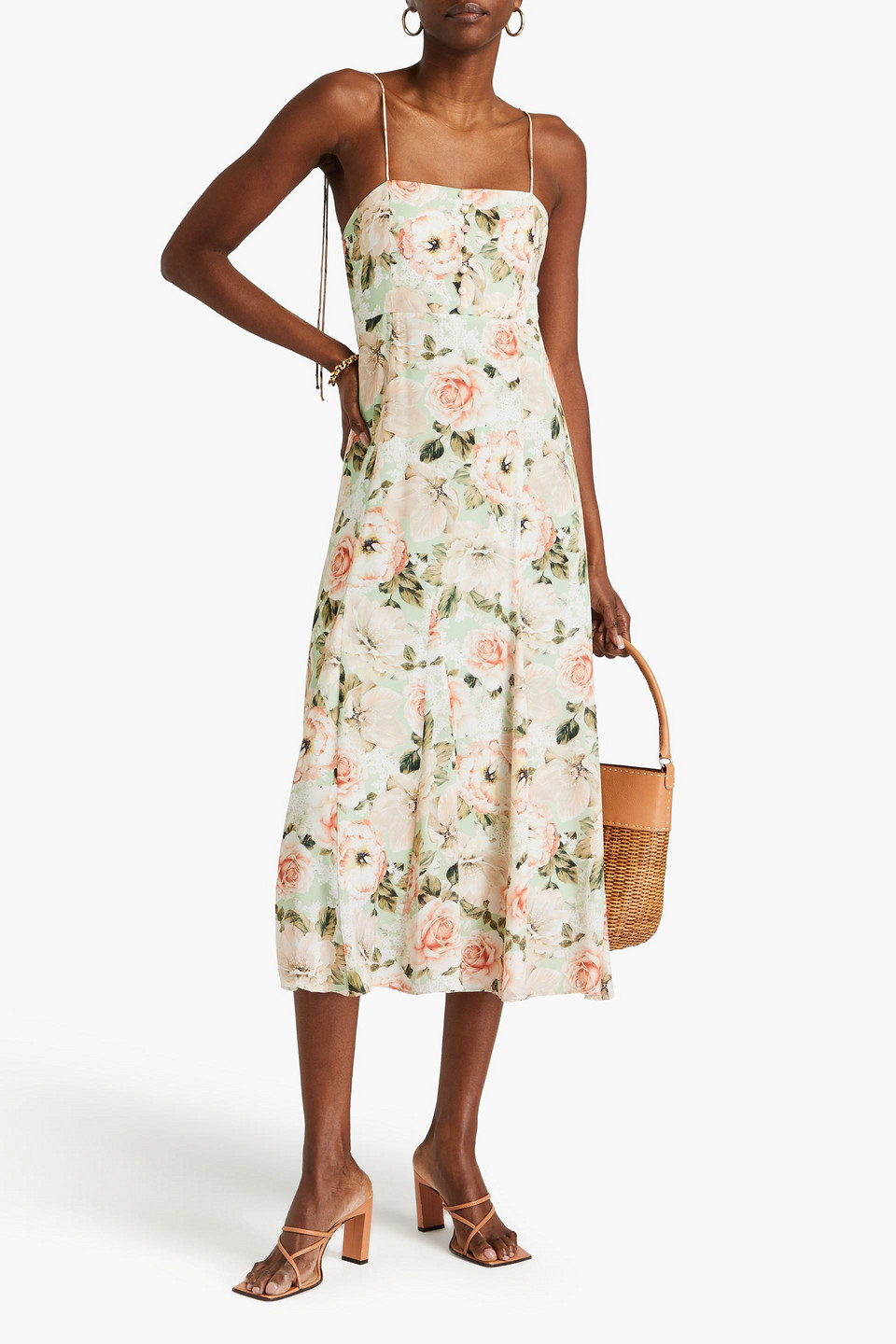 Shop Alice And Olivia Cutout Floral-print Satin Midi Dress In Light Green