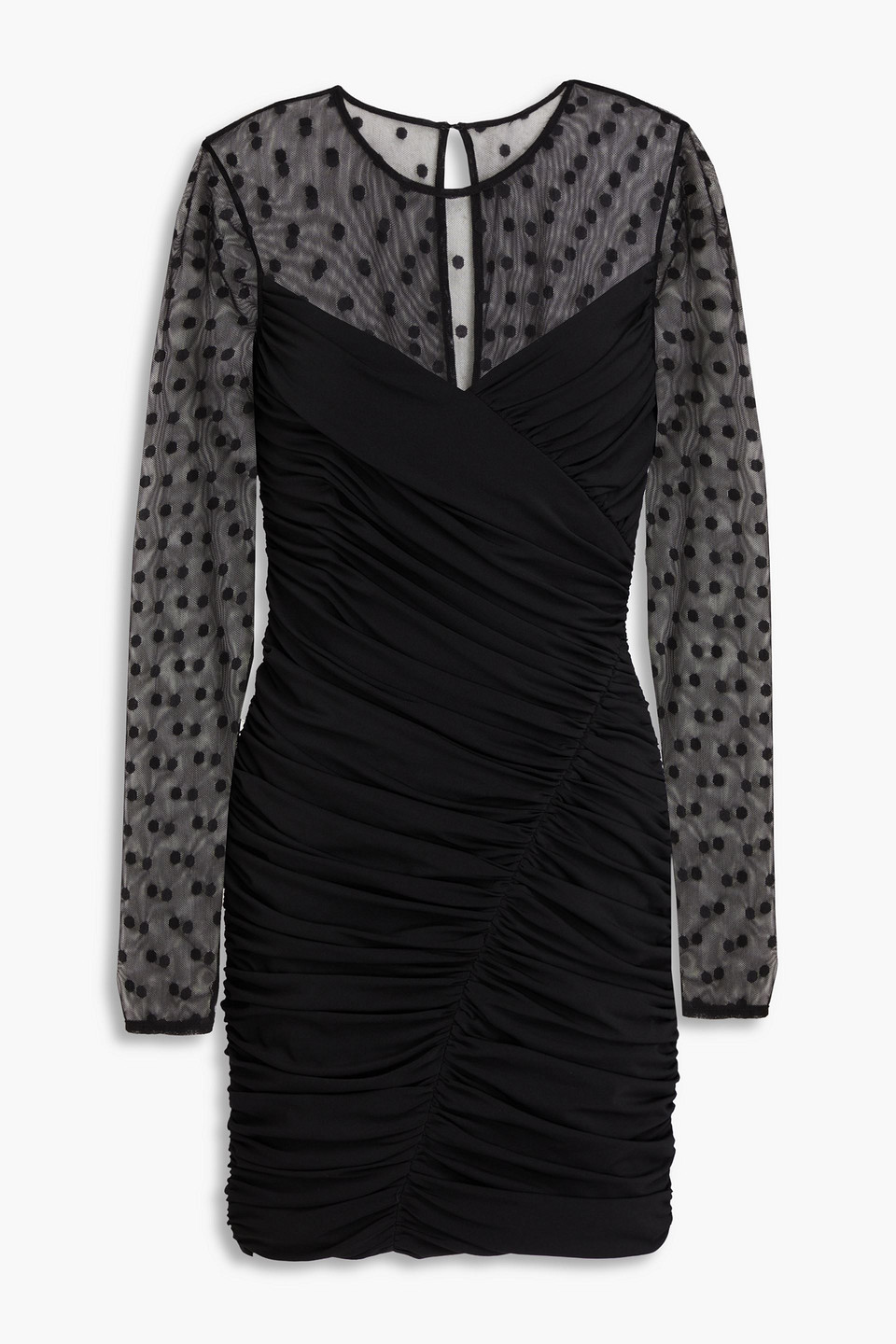 Shop Halston Hilary Tulle-paneled Ruched Polka-dot Stretch-jersey Mini Dress In Black