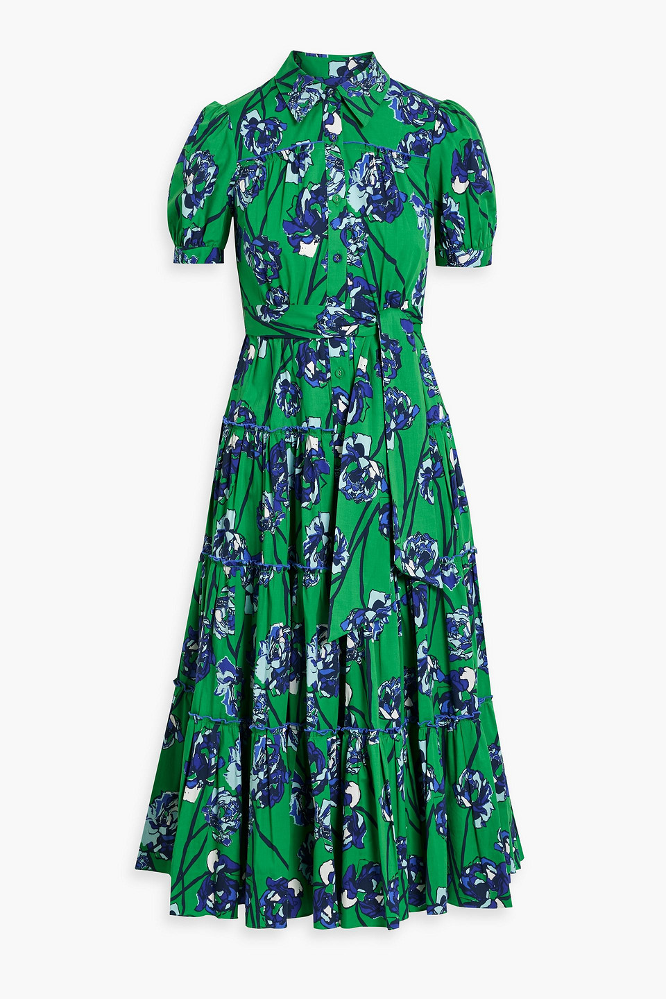 Diane Von Furstenberg Queena Tiered Floral-print Cotton-blend Poplin Midi  Shirt Dress In Green | ModeSens
