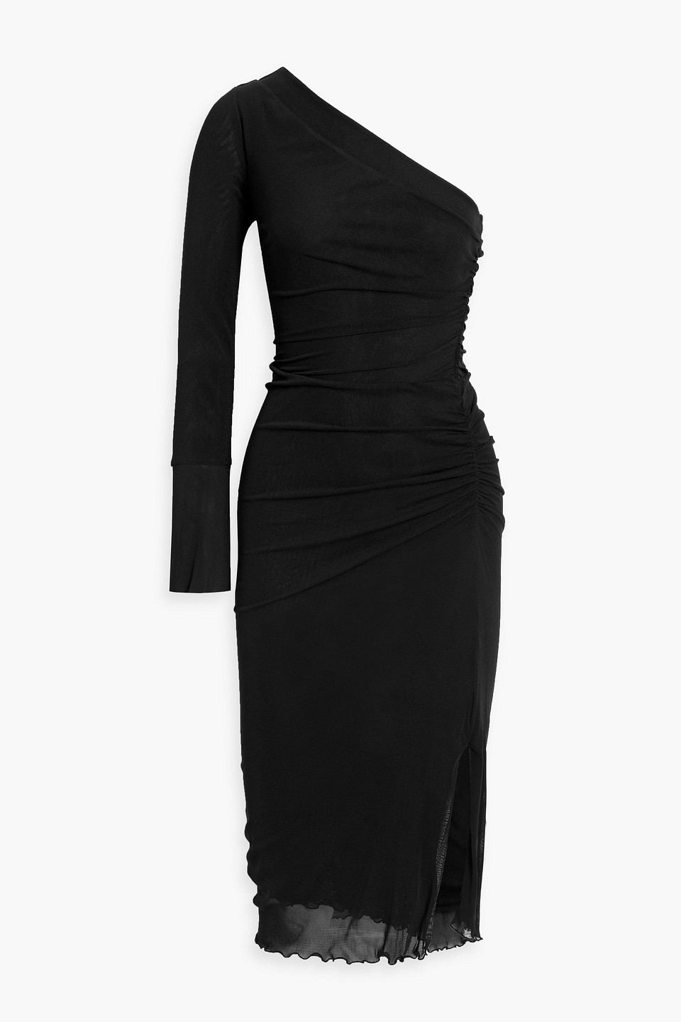 Diane Von Furstenberg Branwen One-sleeve Ruched Mesh Dress In Black