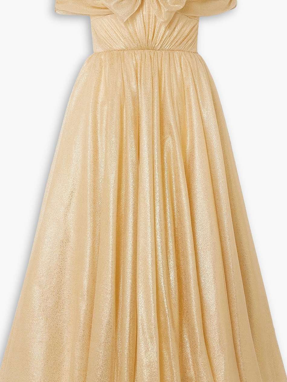 off-the-shoulder bow-detailed glittered tulle gown
