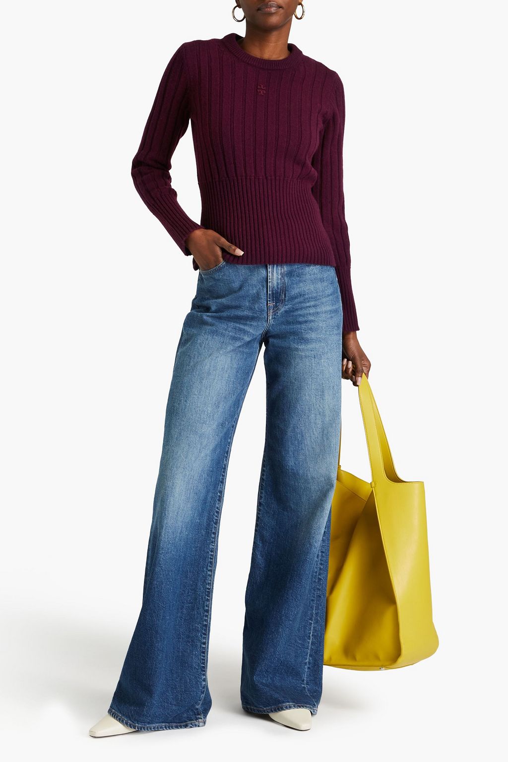 TORY BURCH 자수 장식 리브 캐시미어 스웨터