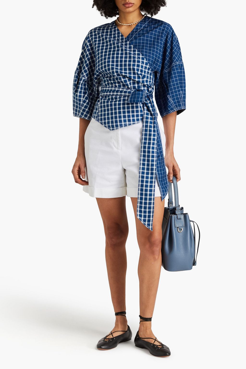 TORY BURCH 체크 실크 랩 탑