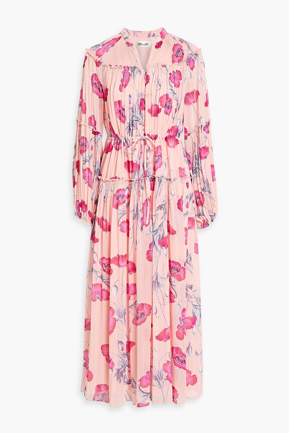 Diane Von Furstenberg Link Tiered Floral-print Plissé-chiffon Midi Dress In Baby Pink