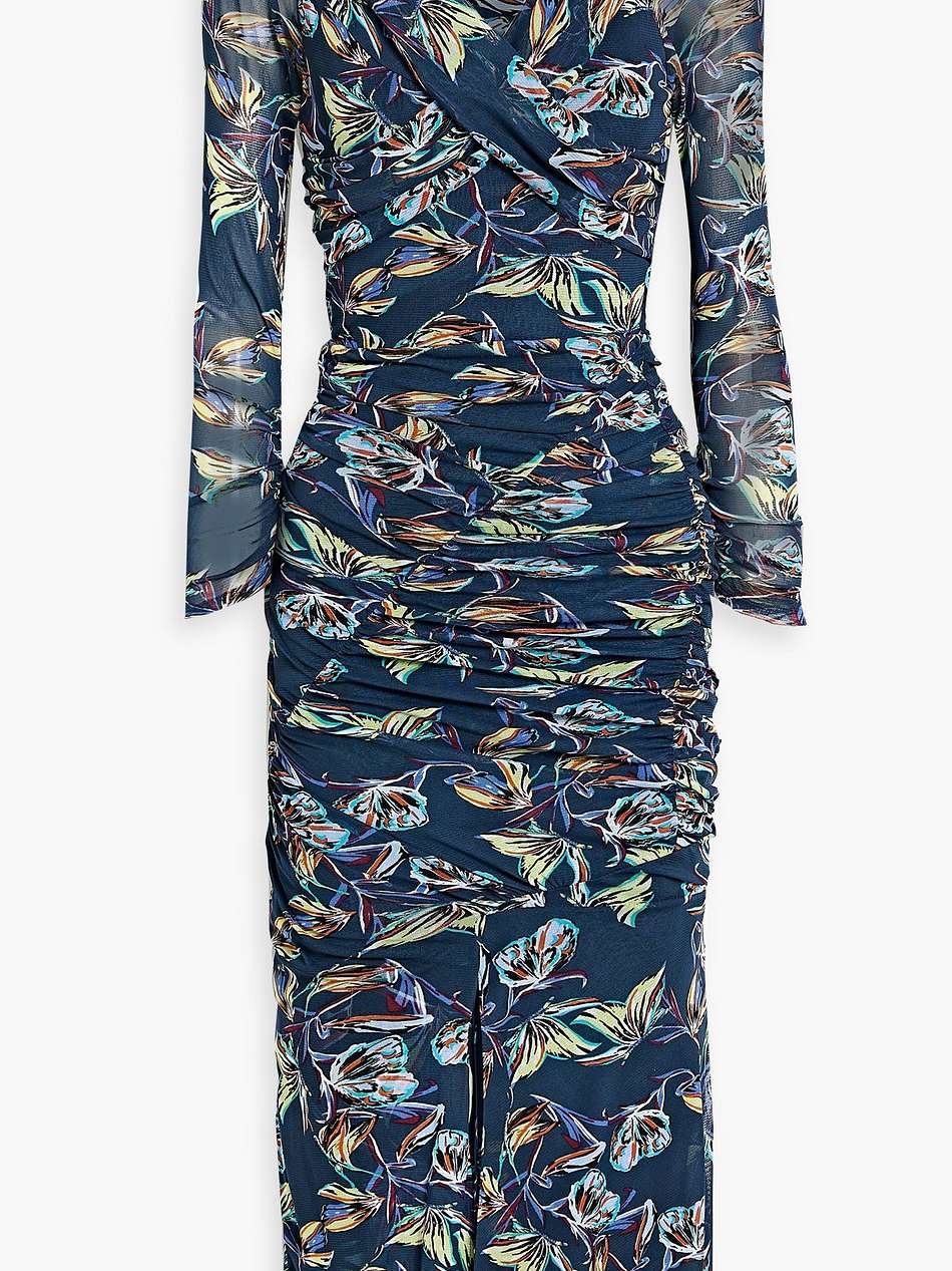 ganesa ruched printed stretch-mesh midi dress