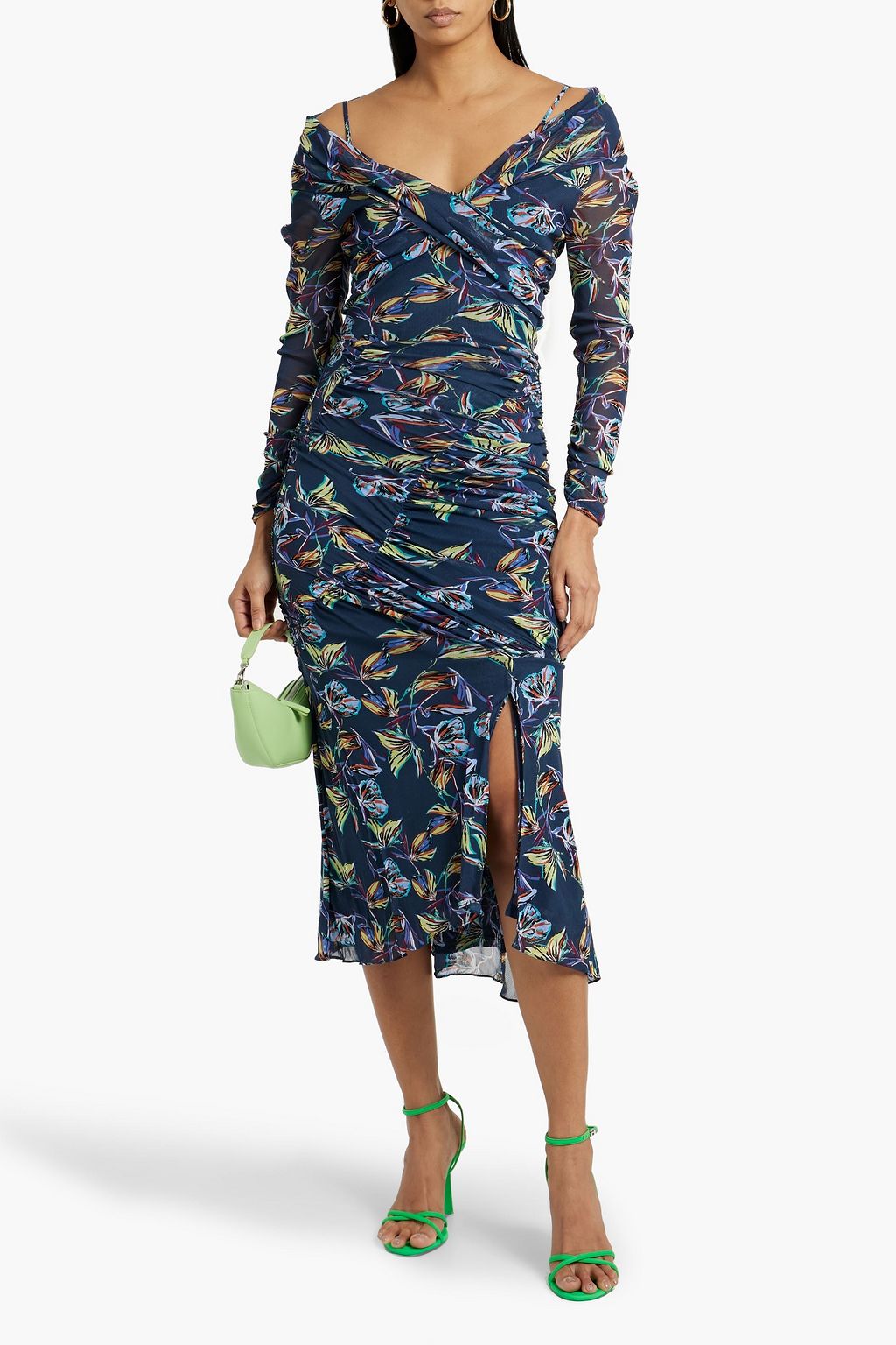 DIANE VON FURSTENBERG Ganesa ruched printed stretch-mesh midi dress