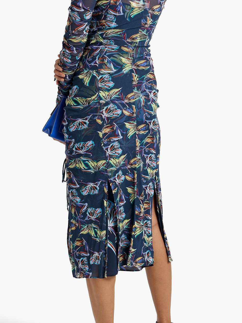 corinne ruched floral-print mesh midi dress