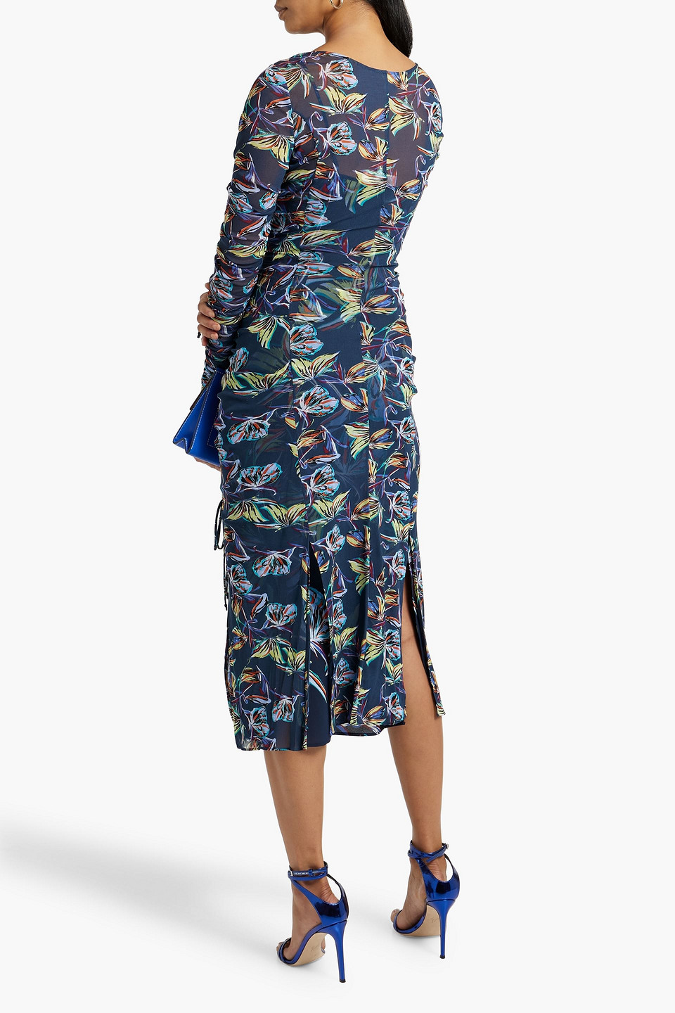 Shop Diane Von Furstenberg Corinne Ruched Floral-print Mesh Midi Dress In Navy