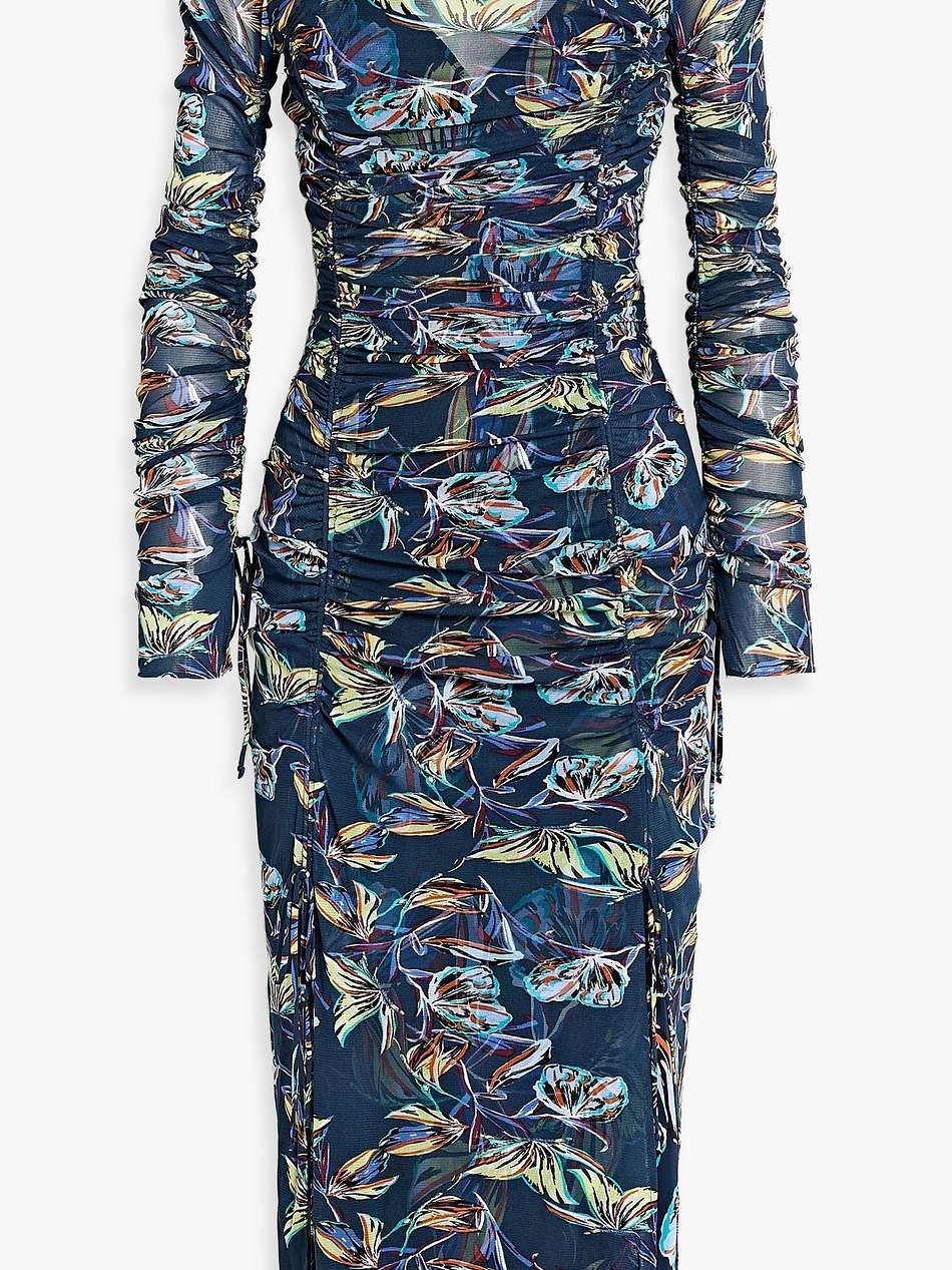 corinne ruched floral-print mesh midi dress