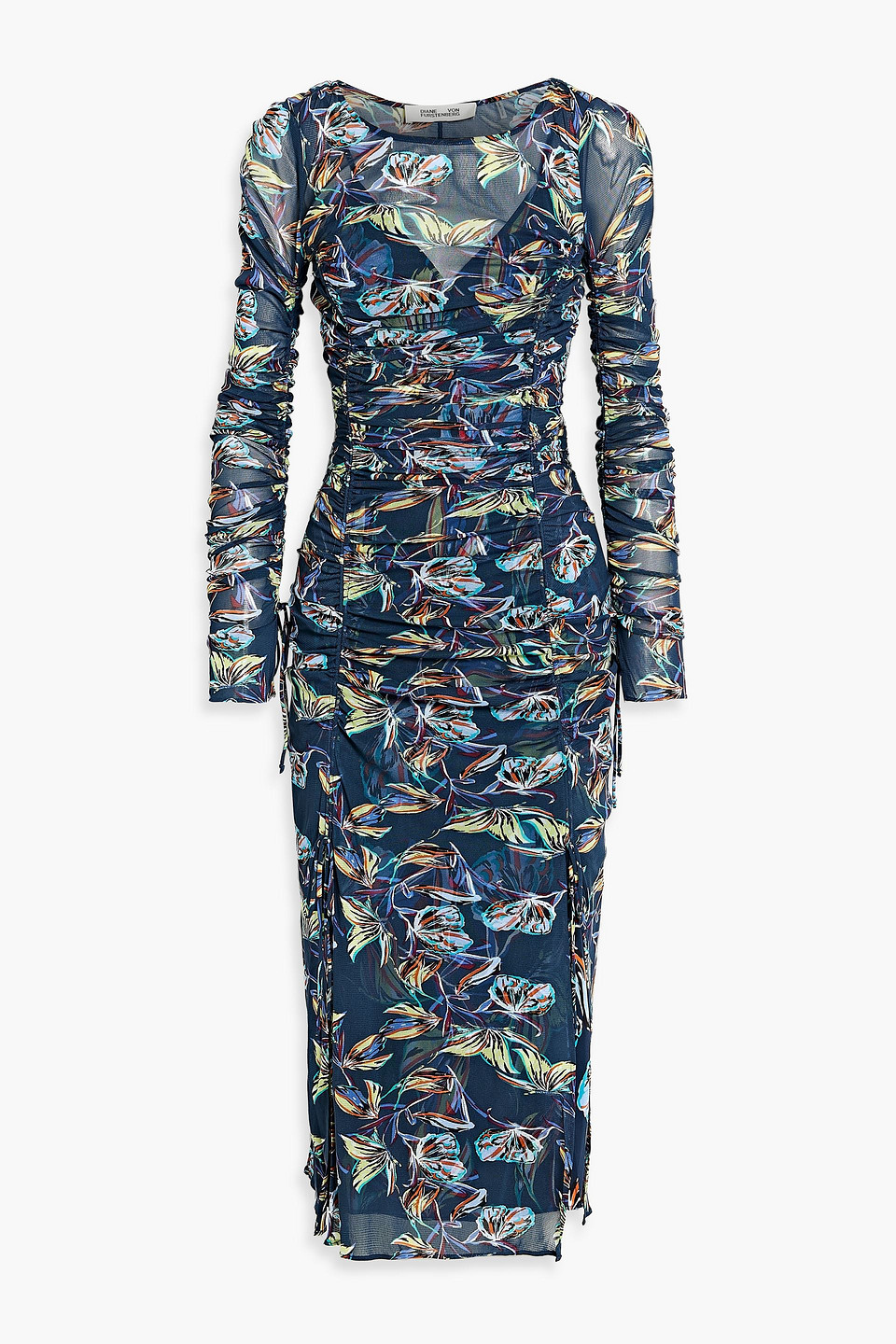 Diane Von Furstenberg Corinne Ruched Floral-print Mesh Midi Dress In Navy