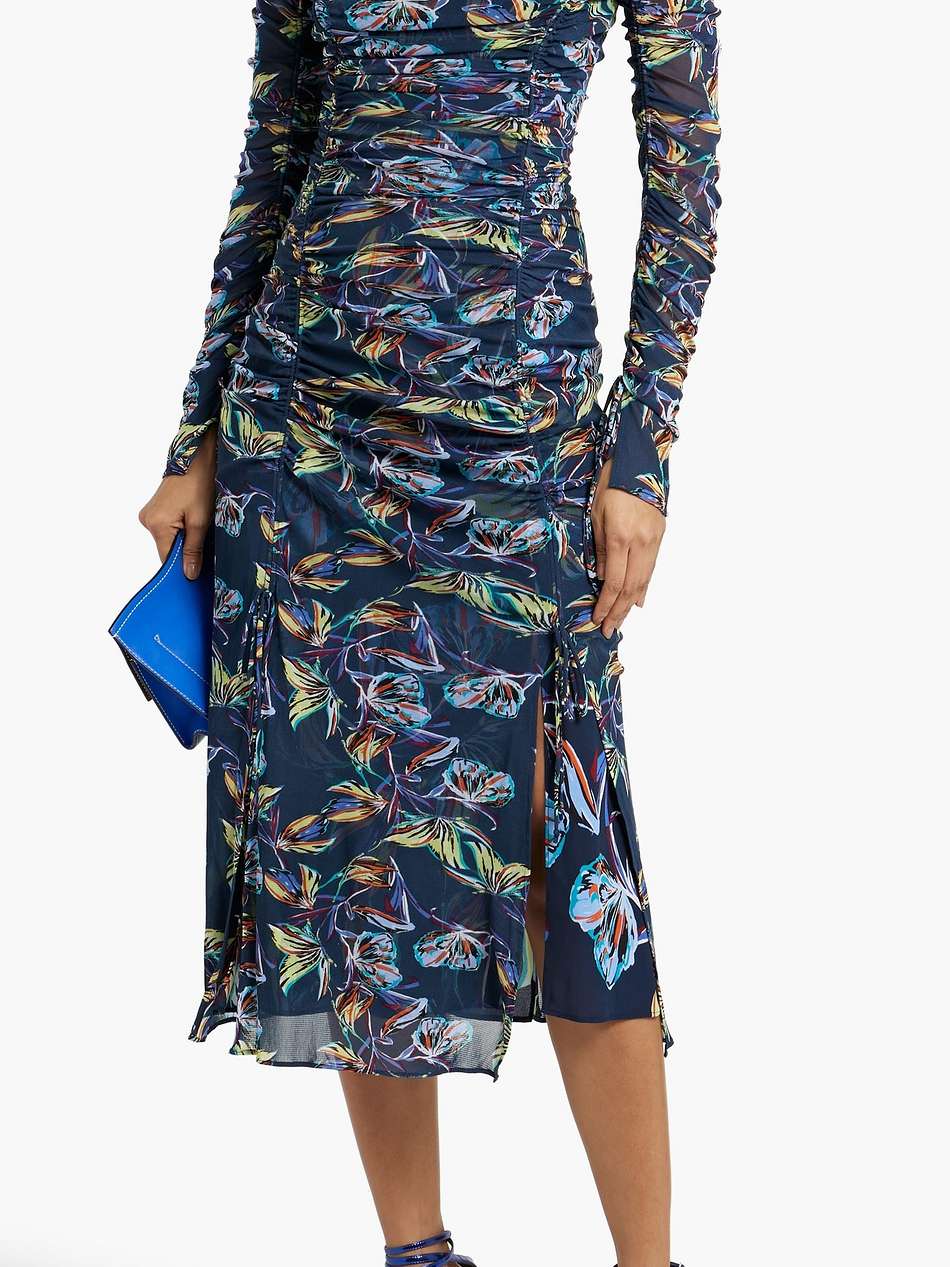corinne ruched floral-print mesh midi dress