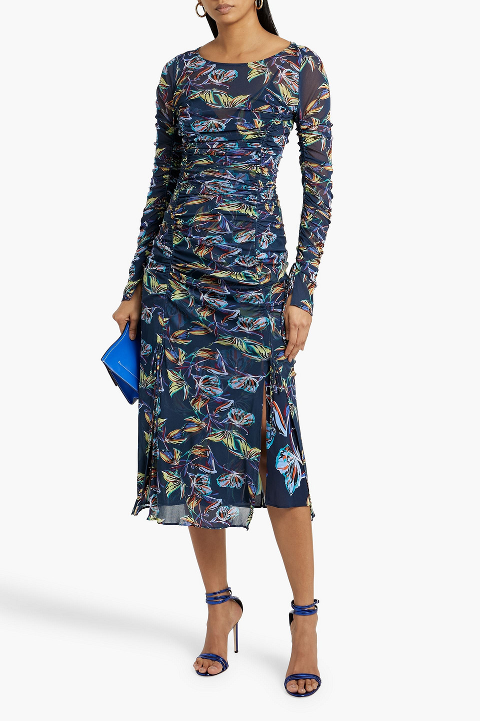 Shop Diane Von Furstenberg Corinne Ruched Floral-print Mesh Midi Dress In Navy