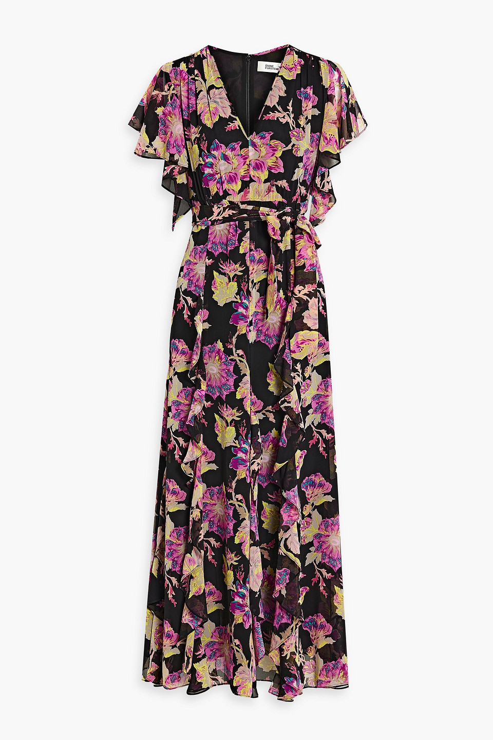 Diane Von Furstenberg Bleuet Ruffled Floral-print Chiffon Maxi Dress In Pink