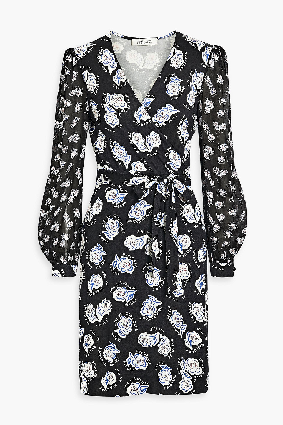 Diane Von Furstenberg Gala Chiffon-paneled Printed Cady Mini Wrap Dress In Black