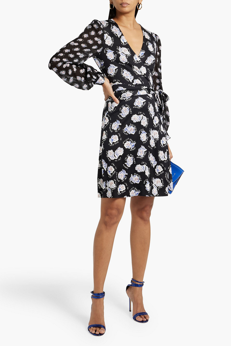 Shop Diane Von Furstenberg Gala Chiffon-paneled Printed Cady Mini Wrap Dress In Black