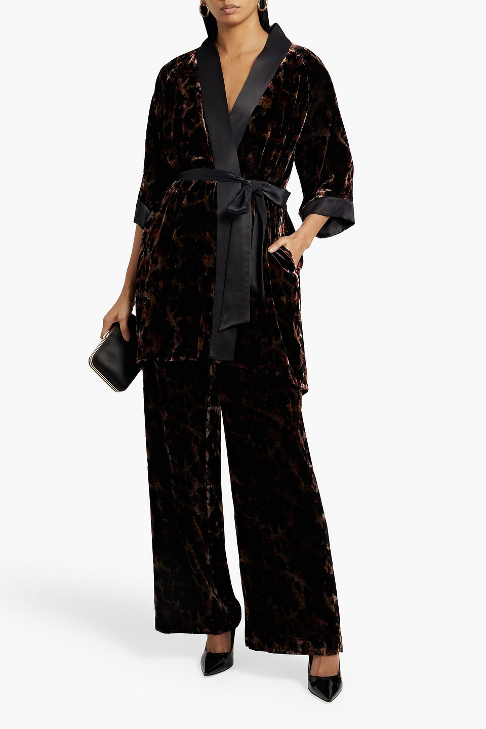 Shop Diane Von Furstenberg Julane Satin-trimmed Leopard-print Velvet Robe In Black