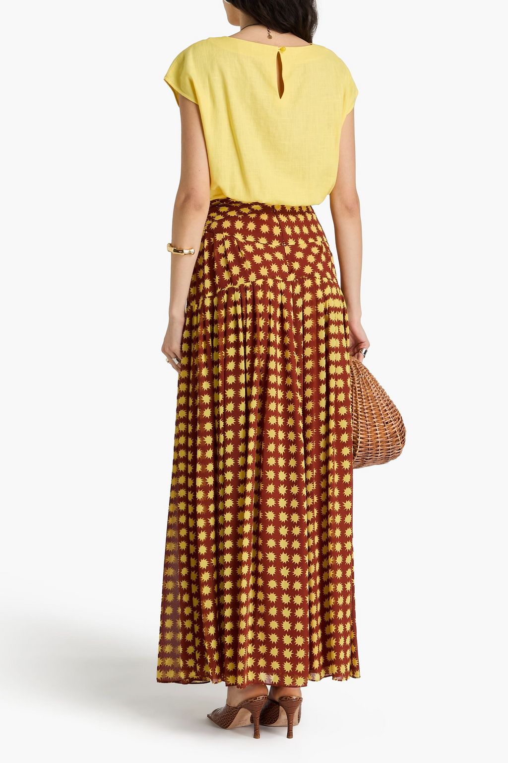 DIANE VON FURSTENBERG 개더 디테일 프린트 시폰 맥시 스커트