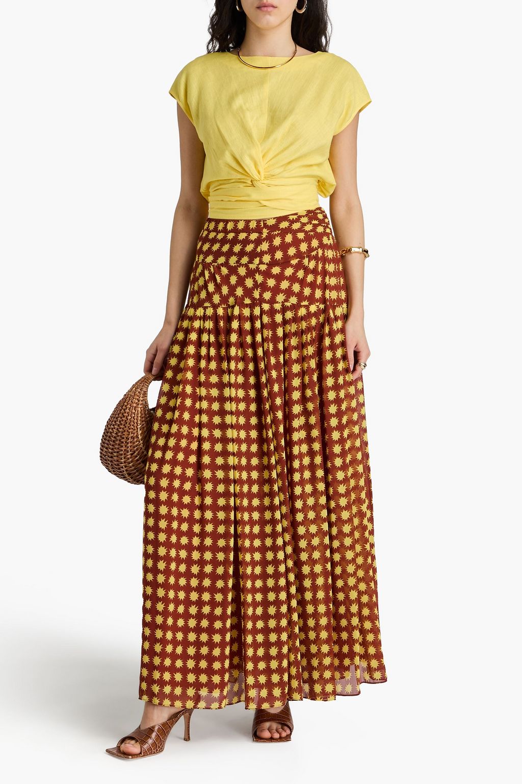 DIANE VON FURSTENBERG 개더 디테일 프린트 시폰 맥시 스커트