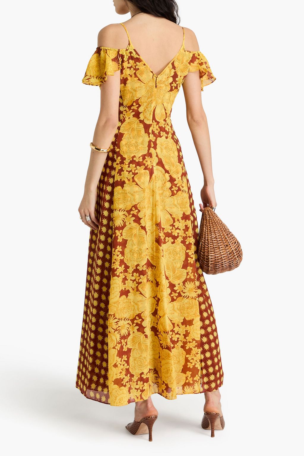 DIANE VON FURSTENBERG シフォン マキシワンピース オープンショルダー プリント入り