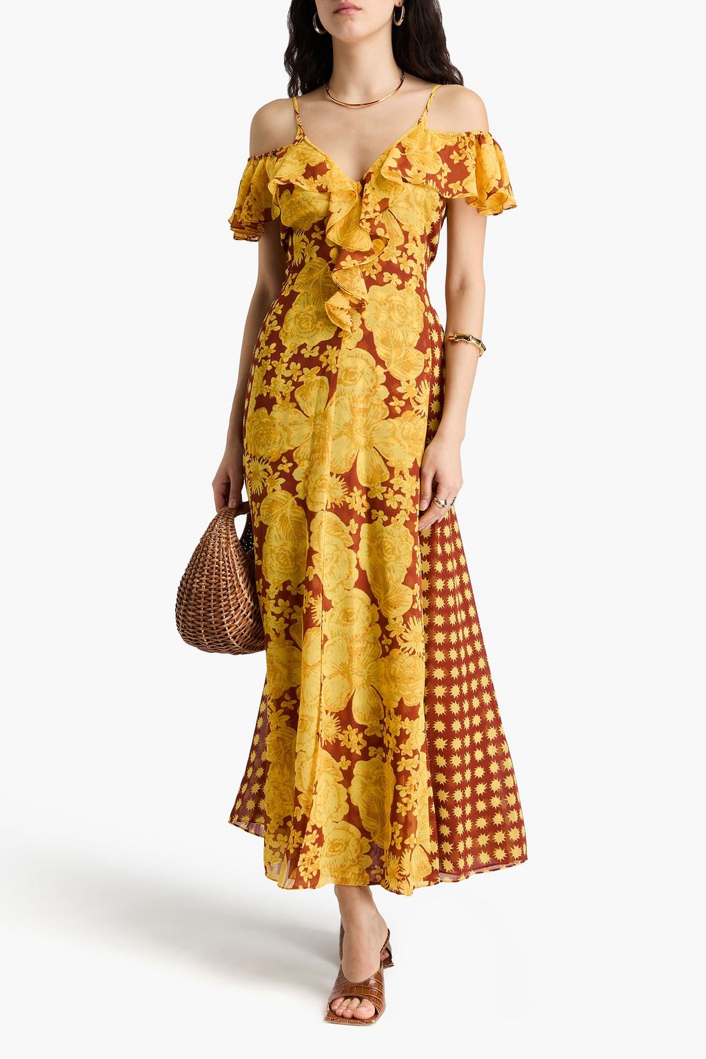 DIANE VON FURSTENBERG シフォン マキシワンピース オープンショルダー プリント入り