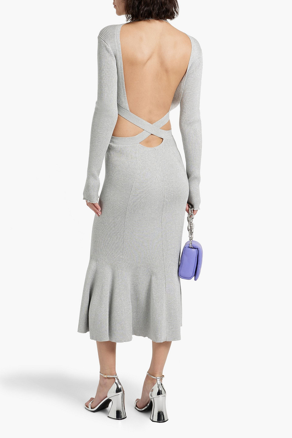 Shop 3.1 Phillip Lim Open-back Metallic Ribbed-knit Midi Dress In Silver