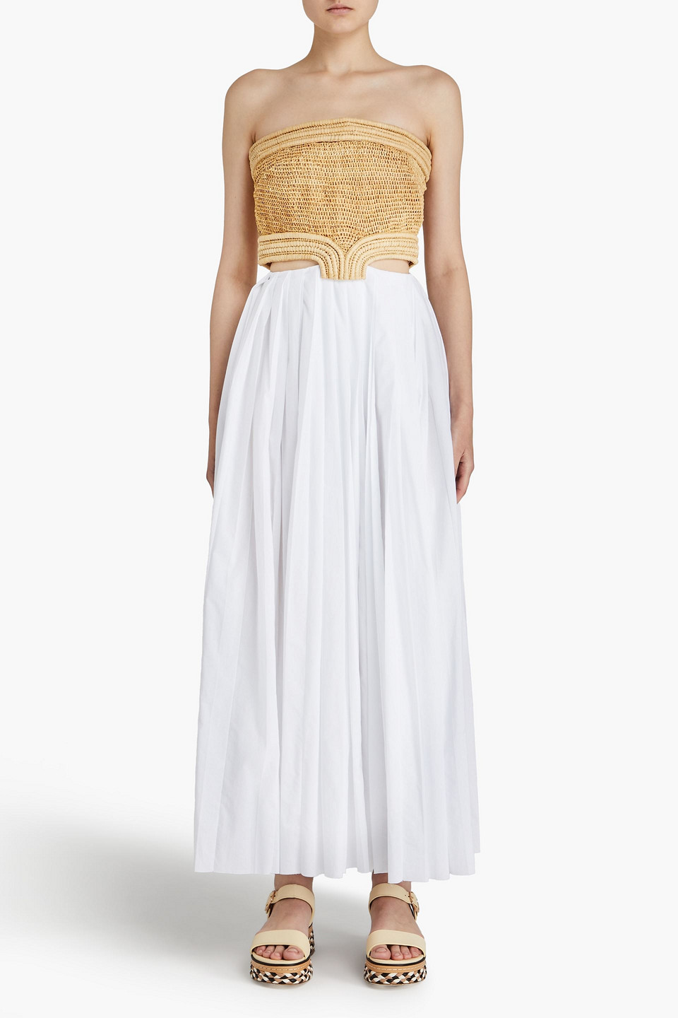 Gabriela Hearst Kai Strapless Cutout Bamboo Raffia And Cotton-voile Maxi Dress In Weiss