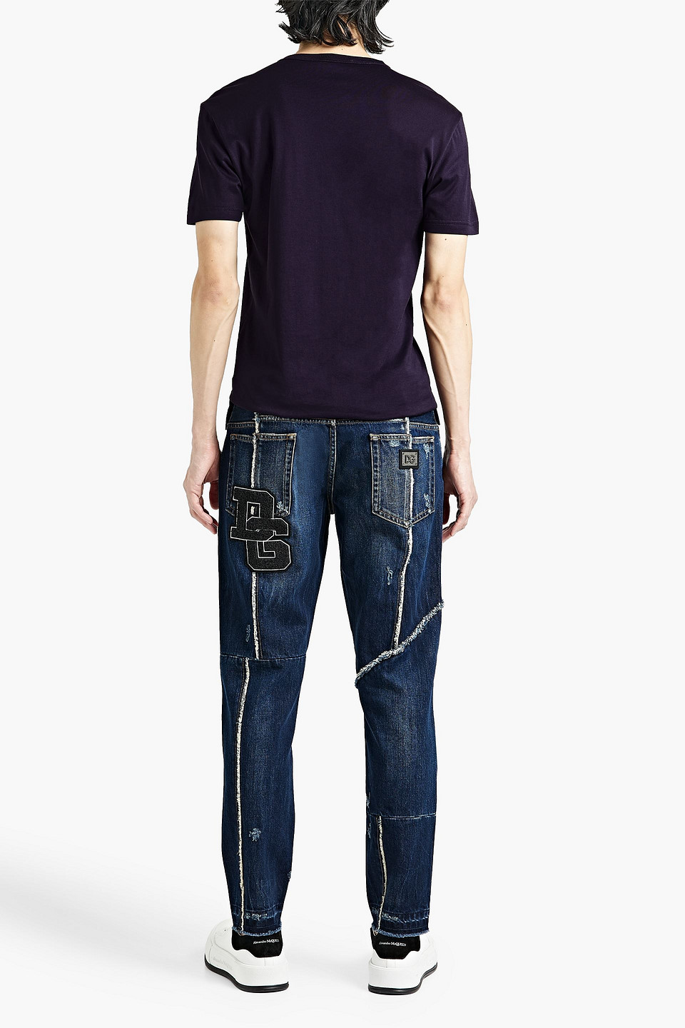 Shop Dolce & Gabbana Tapered Appliquéd Distressed Denim Jeans In Dark Denim