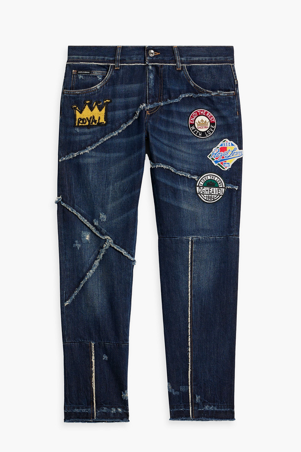 Dolce & Gabbana Tapered Appliquéd Distressed Denim Jeans In Dark Denim