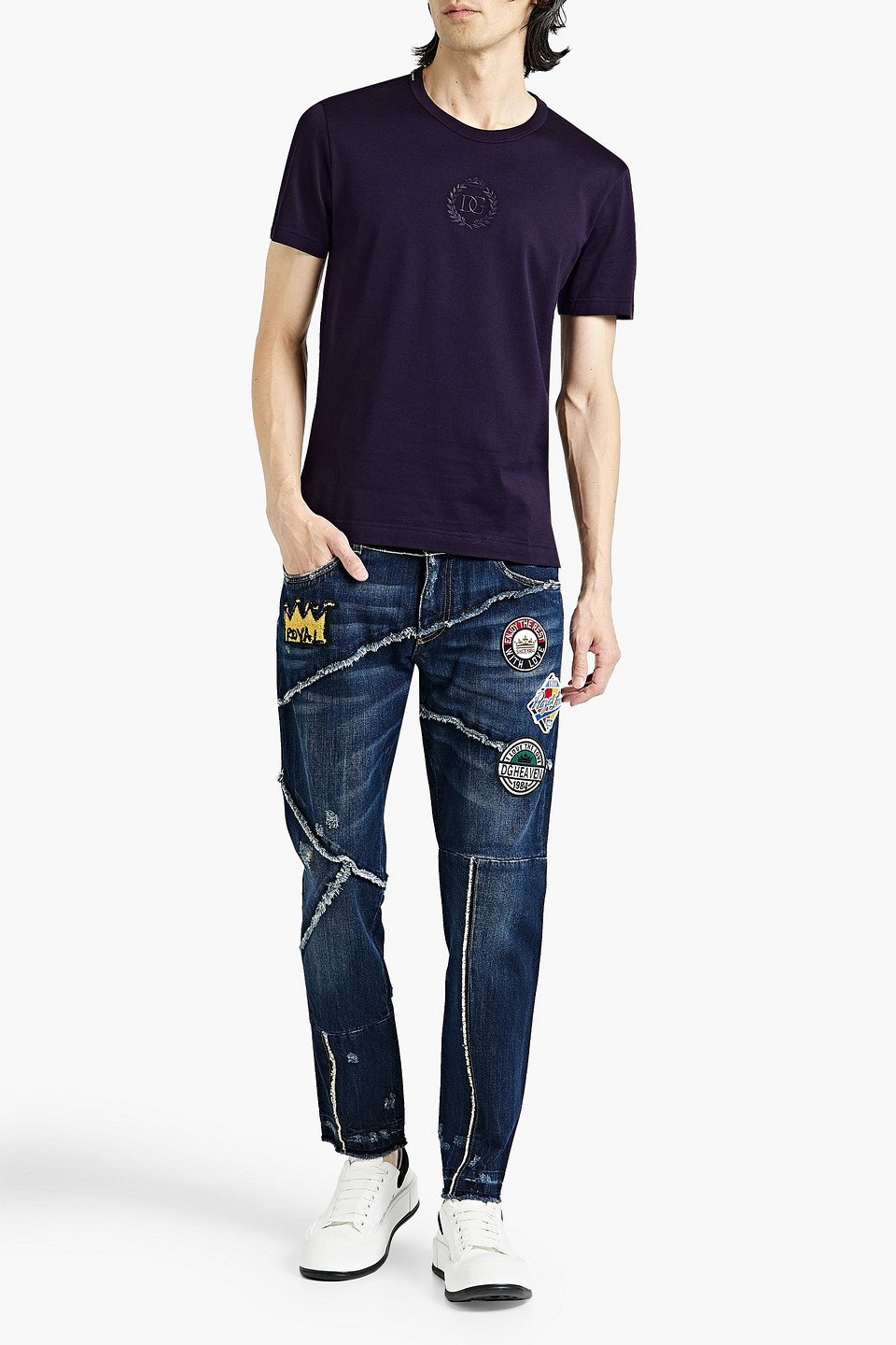 Shop Dolce & Gabbana Tapered Appliquéd Distressed Denim Jeans In Dark Denim