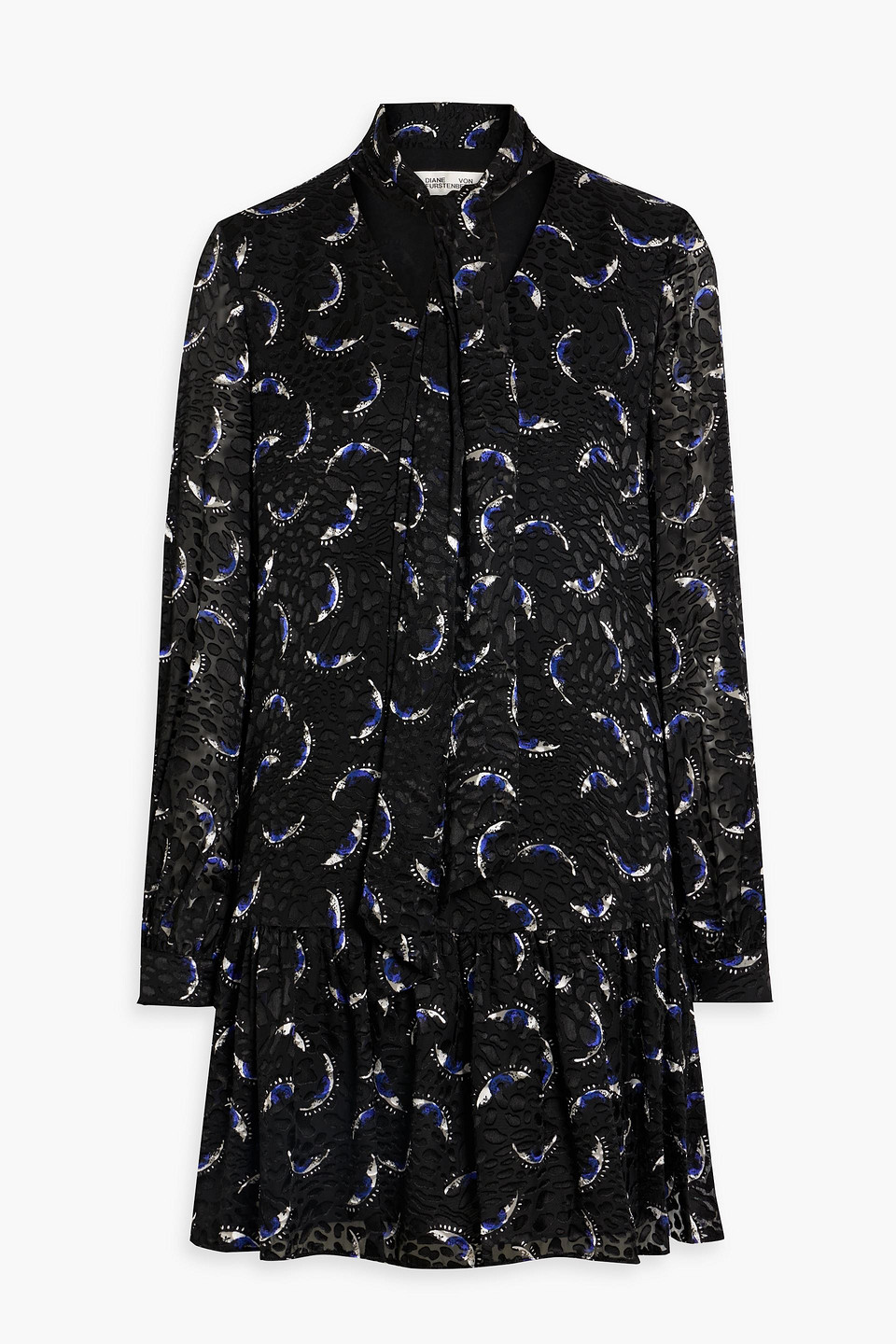 Diane Von Furstenberg Akila Tie-neck Printed Fil Coupé Mini Dress In Black