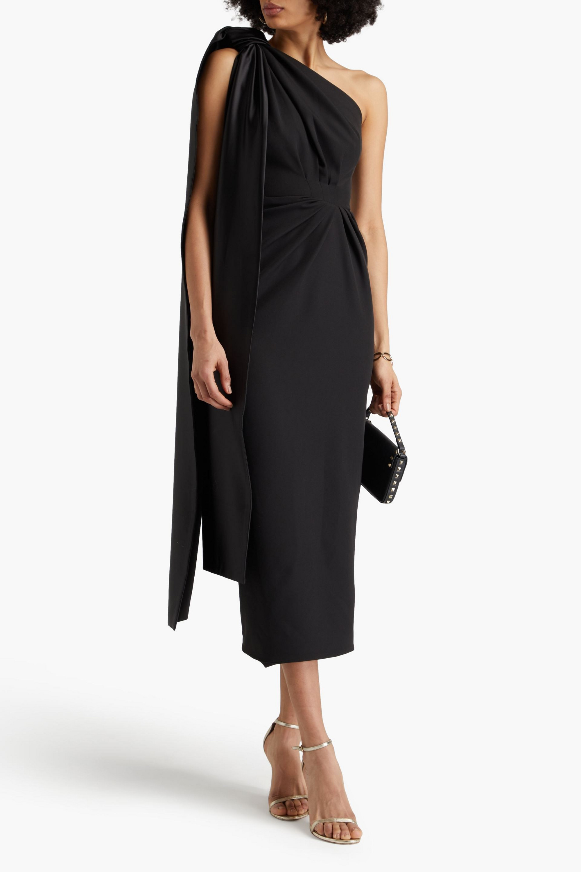 RHEA COSTA One-shoulder pleated crepe gown
