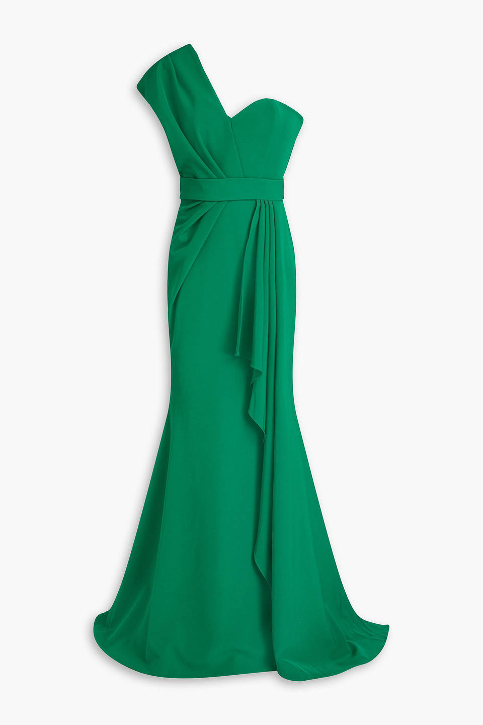 Rhea Costa One-shoulder Pleated Draped Crepe Gown In Emerald