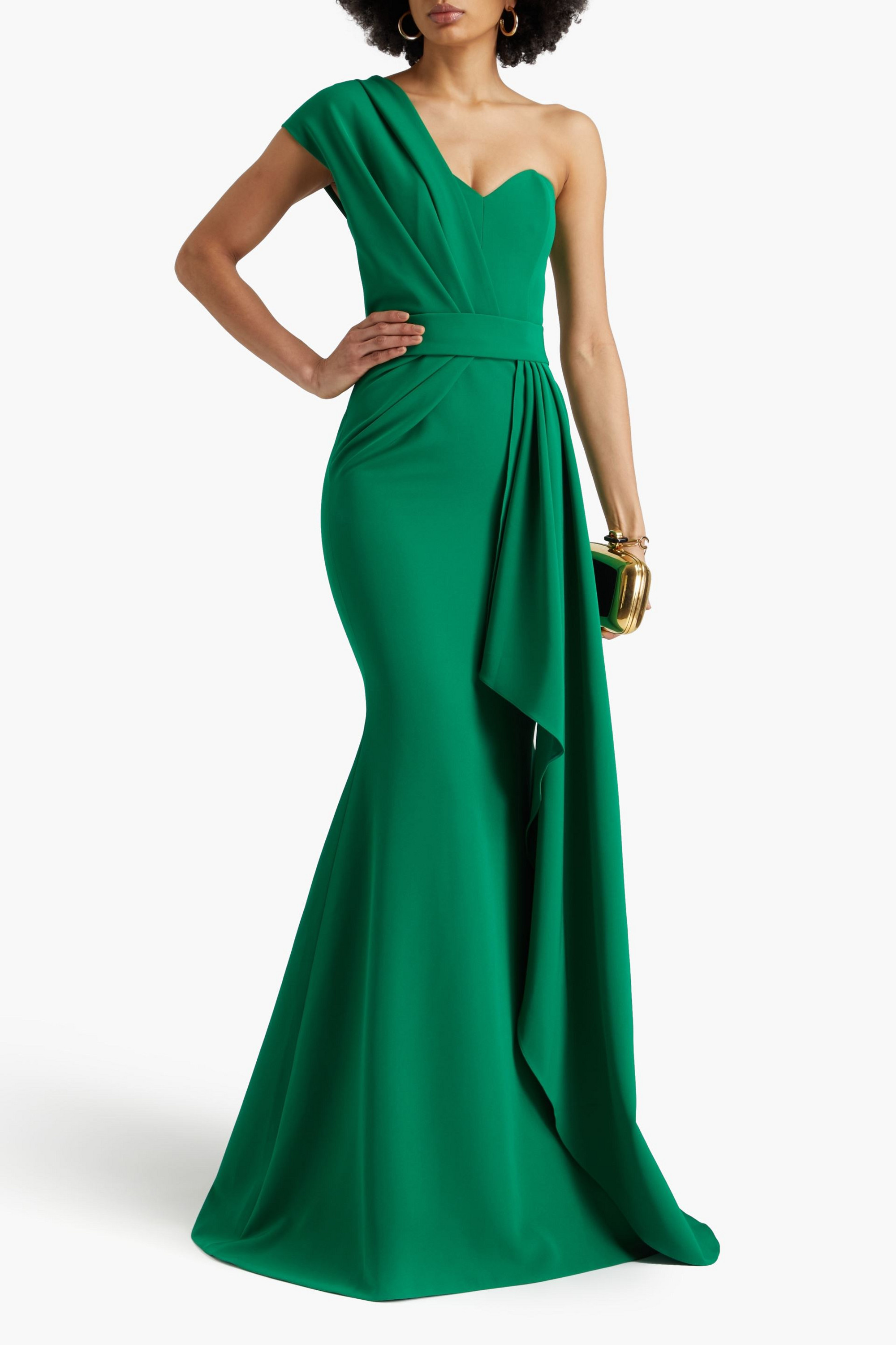 RHEA COSTA One-shoulder draped crepe gown