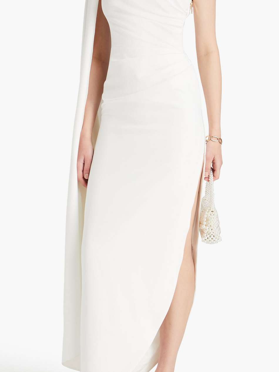 one-shoulder draped crepe gown